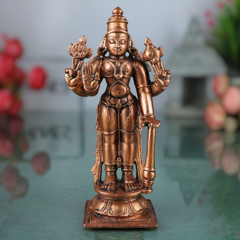 Copper Vishnu Idol,Tamra Vishnu Murti, Handcrafted Narayana Balaji Statue for Pooja & Home Decor, Brown, 5 Inch, 1 Piece