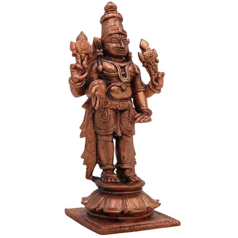Copper Vishnu Idol, Tamra Vishnu Murti, Narayana Statue, Balaji Pooja Decor & Spiritual Gift, Brown, 4.5 Inch, 1 Piece