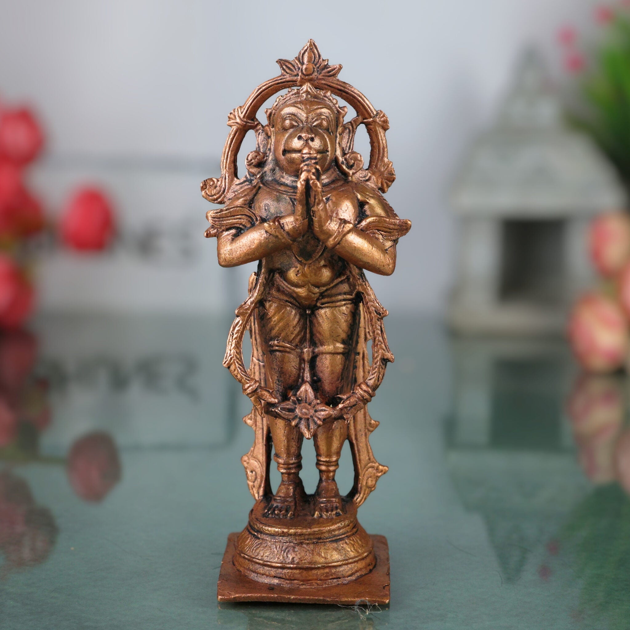 Copper Hanuman Idol, Bajrangbali Murti, Maruti Vigraham, Pooja Sculpture, Home Decor Showpiece, Brown, 5.5 Inch, 1 Piece