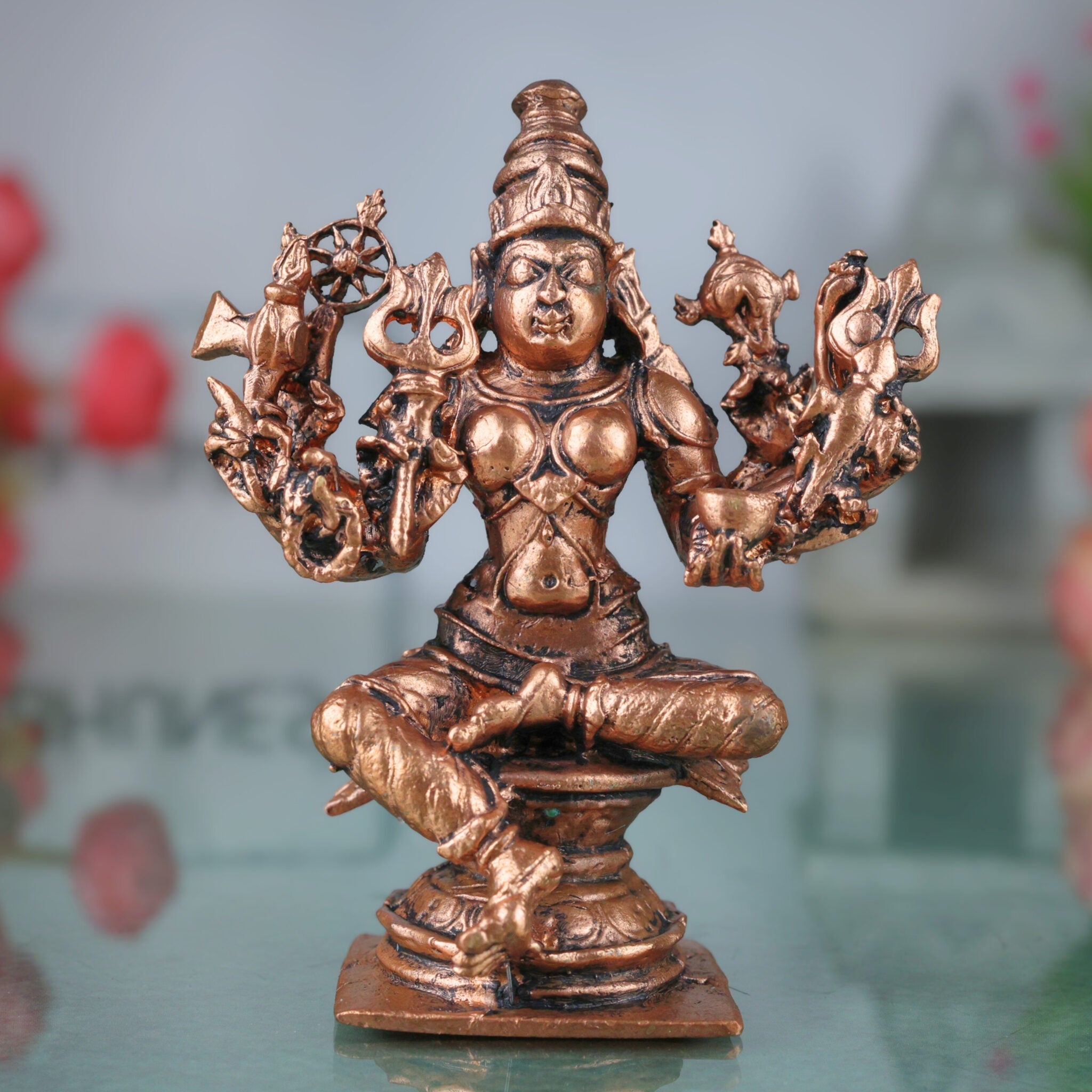 Tamra Durga Idol, Handcrafted Pure Copper Mahishasuramardini Devi Statue, Shakti Parvati Kali Moorti for Pooja & Home Decor, Brown, 3.5 Inch, 1 Piece