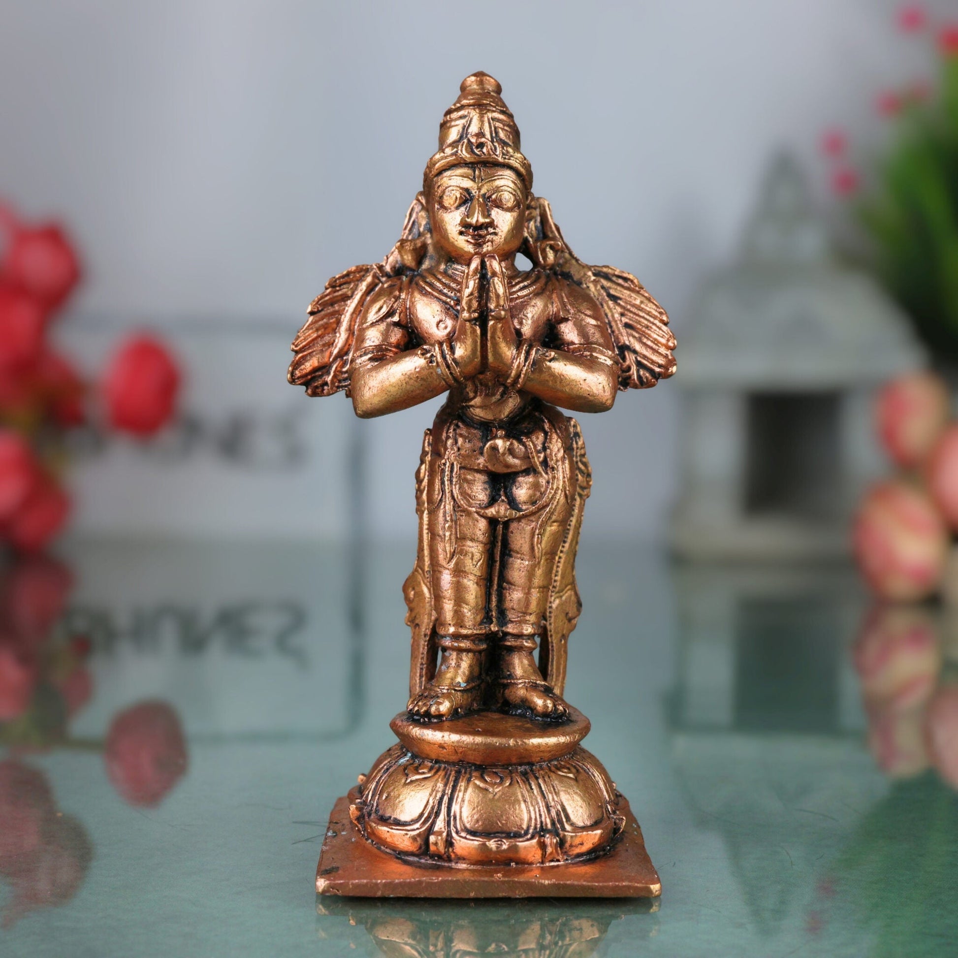 Copper Garuda Dev Idol, Tamra Garuda Murti, Vishnu Vahana Statue, Pakshiraj Garuda Devata Moorti for Pooja, Temple & Home Decor, Brown, 4.5 Inch, 1 Piece