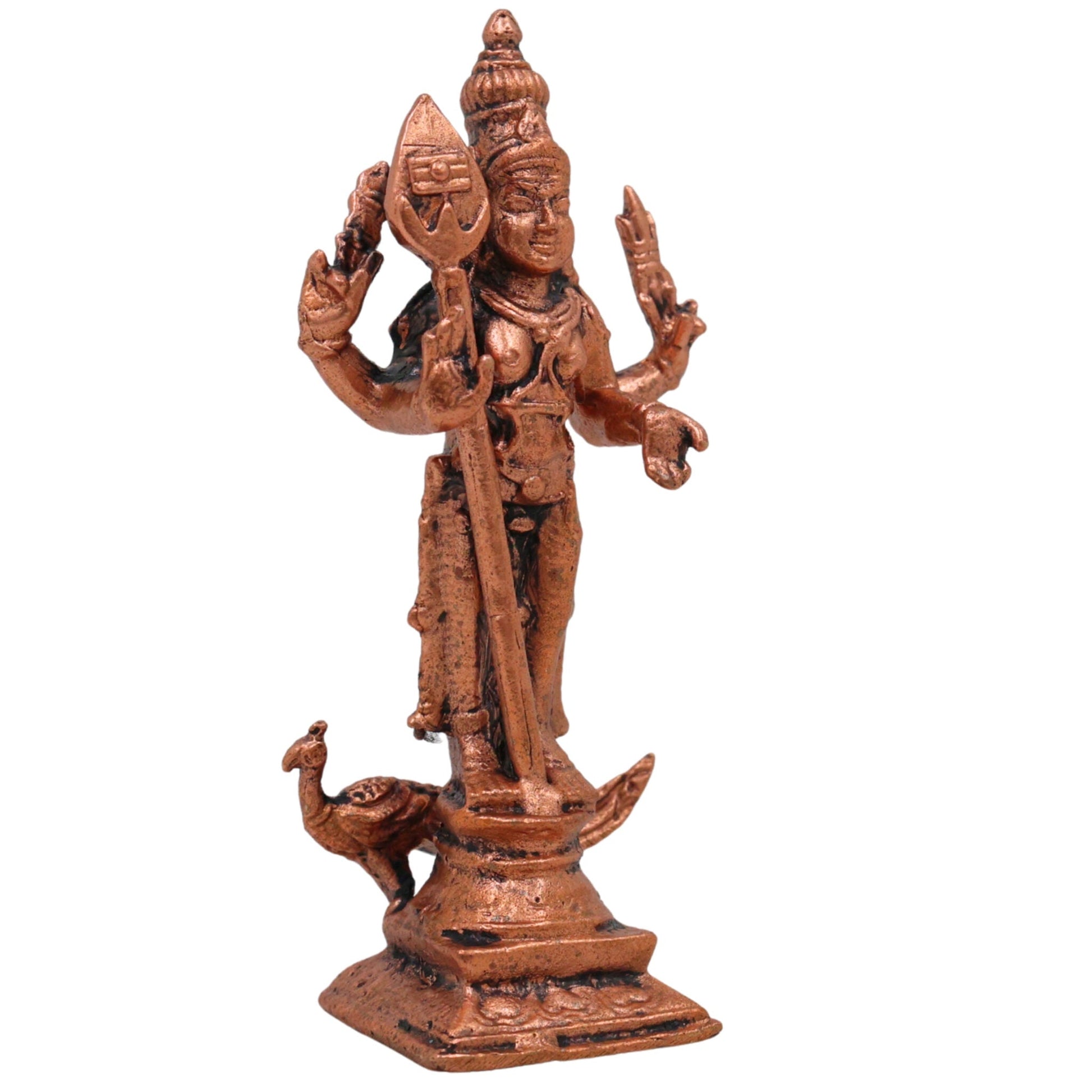 Copper Kartikeya Murugan Idol, Handcrafted Tamra Subramanya Skanda Statue, Tamraloha Shanmuga Arumugam Moorti for Pooja, Home Decor & Spiritual Gifts, Brown, 3 Inch, 1 Piece