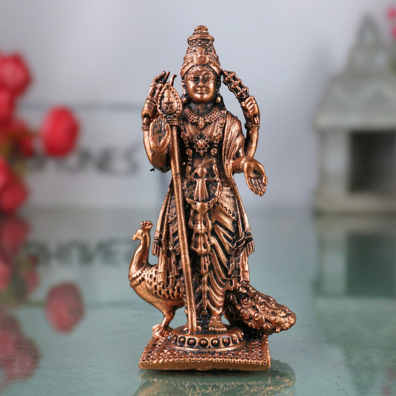 Handcrafted Copper Kartikeya Murugan Idol, Tamra Subramanya Skanda Moorti, Shanmuga Arumugam Statue for Pooja, Temple & Home Decor, Brown, 3 Inch, 1 Piece