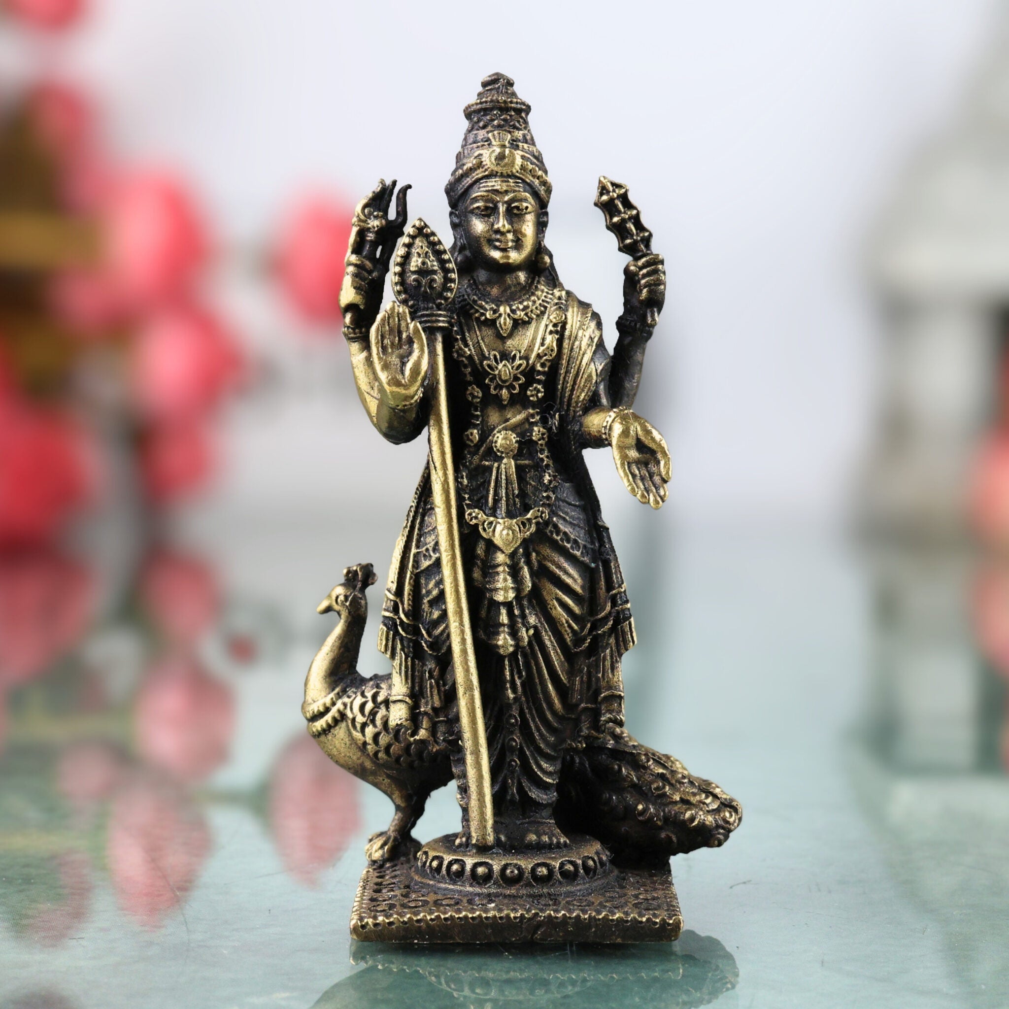 Brass Murugan Idol Skanda Subramanya Kartikeya Shanmukha Velavan Statue | Traditional Peetal Pital Pittal Moorthi for Pooja Room Home Decor Temple Sculpture, Brown, 3 Inch, 1 Piece