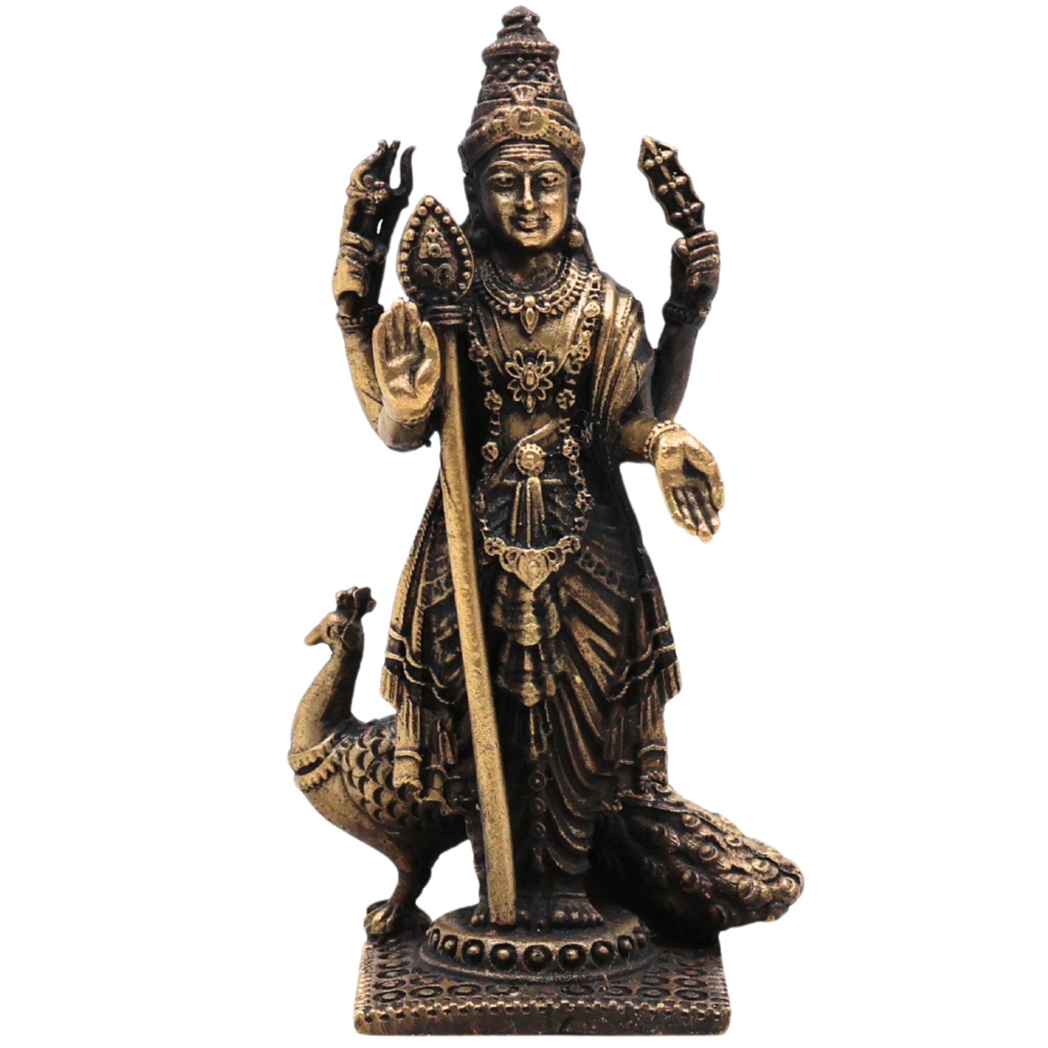 Brass Murugan Idol Skanda Subramanya Kartikeya Shanmukha Velavan Statue | Traditional Peetal Pital Pittal Moorthi for Pooja Room Home Decor Temple Sculpture, Brown, 3 Inch, 1 Piece
