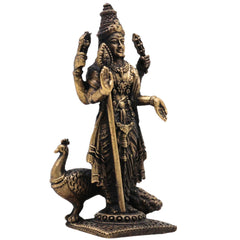 Brass Murugan Idol Skanda Subramanya Kartikeya Shanmukha Velavan Statue | Traditional Peetal Pital Pittal Moorthi for Pooja Room Home Decor Temple Sculpture, Brown, 3 Inch, 1 Piece