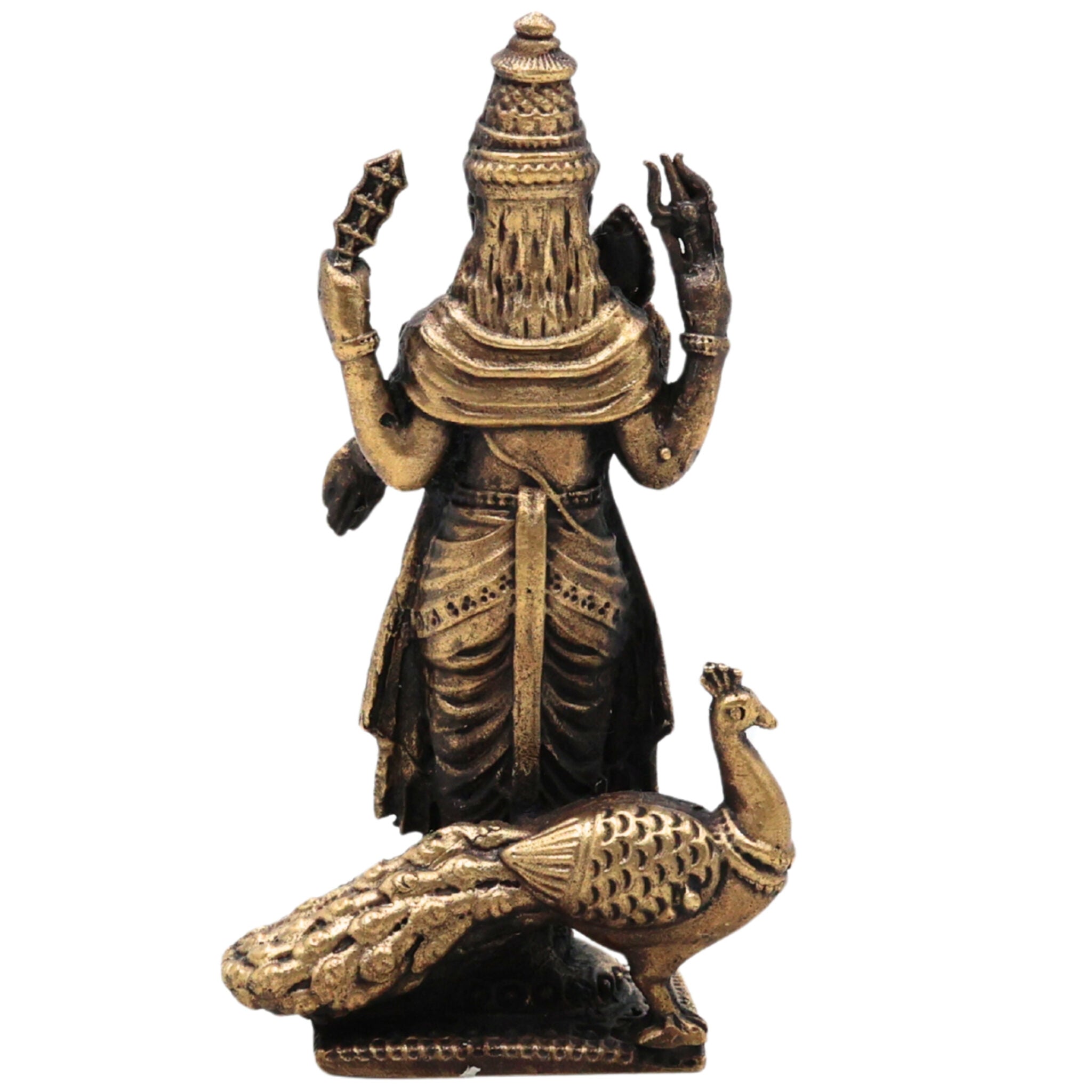 Brass Murugan Idol Skanda Subramanya Kartikeya Shanmukha Velavan Statue | Traditional Peetal Pital Pittal Moorthi for Pooja Room Home Decor Temple Sculpture, Brown, 3 Inch, 1 Piece