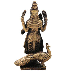 Brass Murugan Idol Skanda Subramanya Kartikeya Shanmukha Velavan Statue | Traditional Peetal Pital Pittal Moorthi for Pooja Room Home Decor Temple Sculpture, Brown, 3 Inch, 1 Piece