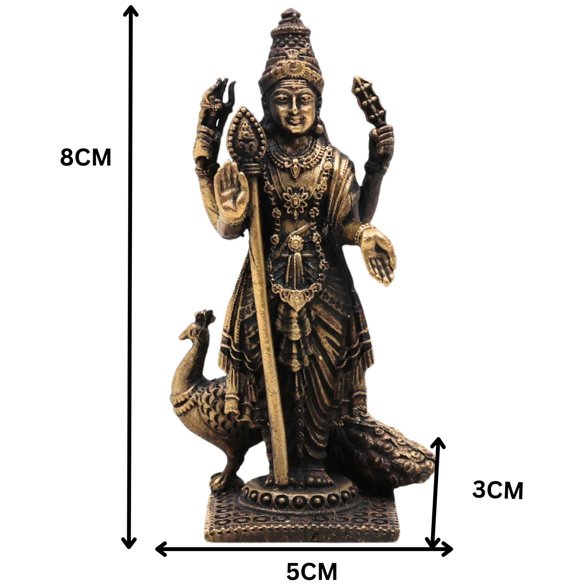 Brass Murugan Idol Skanda Subramanya Kartikeya Shanmukha Velavan Statue | Traditional Peetal Pital Pittal Moorthi for Pooja Room Home Decor Temple Sculpture, Brown, 3 Inch, 1 Piece