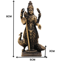 Brass Murugan Idol Skanda Subramanya Kartikeya Shanmukha Velavan Statue | Traditional Peetal Pital Pittal Moorthi for Pooja Room Home Decor Temple Sculpture, Brown, 3 Inch, 1 Piece