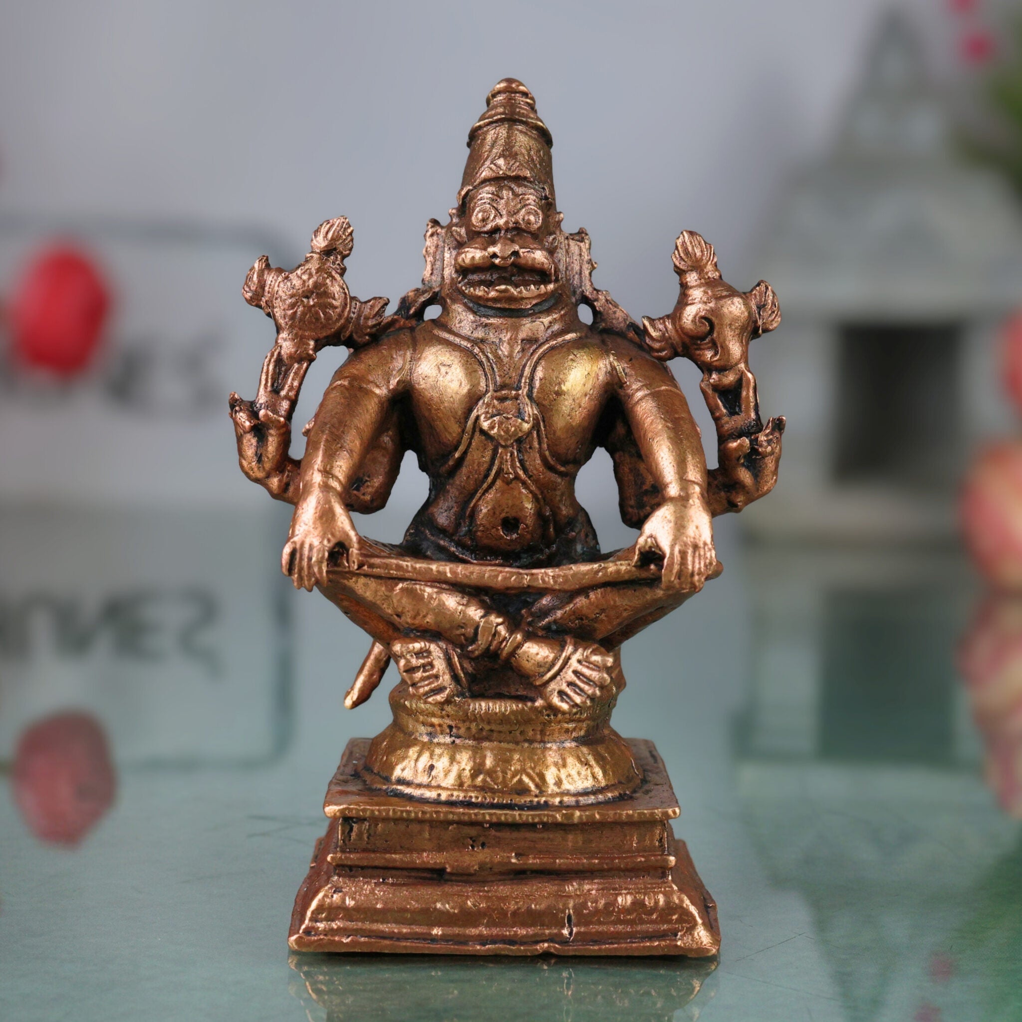 Copper Narasimha Idol, Handcrafted Tamra Narasimha Swamy Murti, Thamira Narasimhar Vigraham, Tamraloha Narasimha Statue for Pooja, Home Decor & Gifts, Brown, 4 Inch, 1 Piece