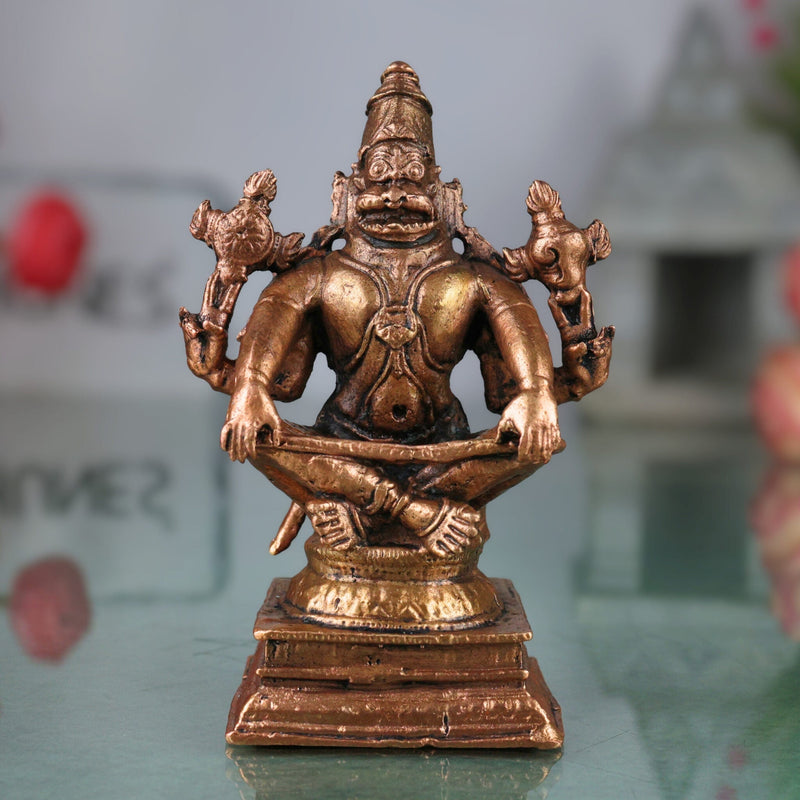 Copper Narasimha Idol, Handcrafted Tamra Narasimha Swamy Murti, Thamira Narasimhar Vigraham, Tamraloha Narasimha Statue for Pooja, Home Decor & Gifts, Brown, 4 Inch, 1 Piece