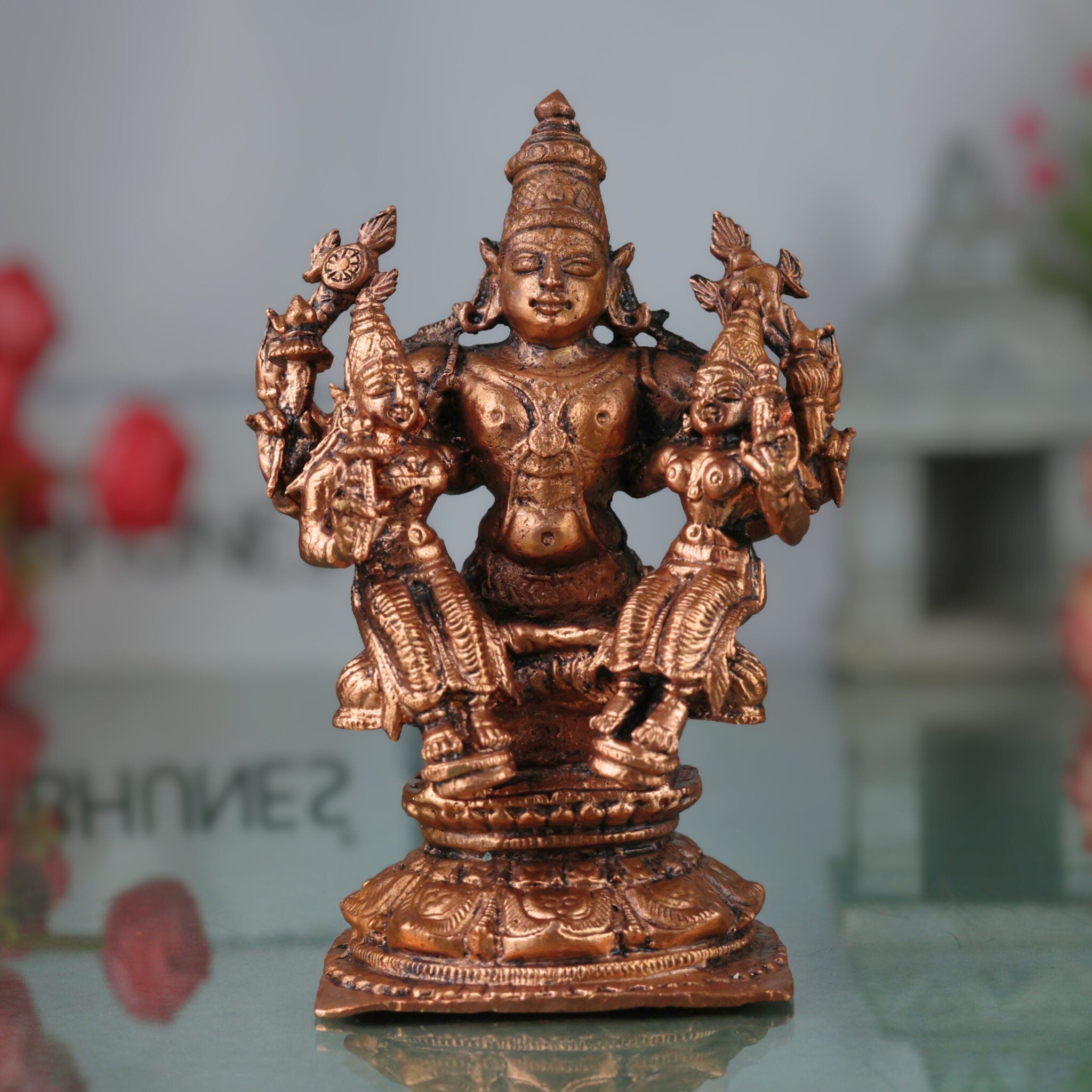 Copper Vishnu With Sridevi Bhudevi Idol, Tamra Murti, Lakshmi Bhumi Statue for Pooja & Home Decor, Brown, 4.5 Inch, 1 Piece