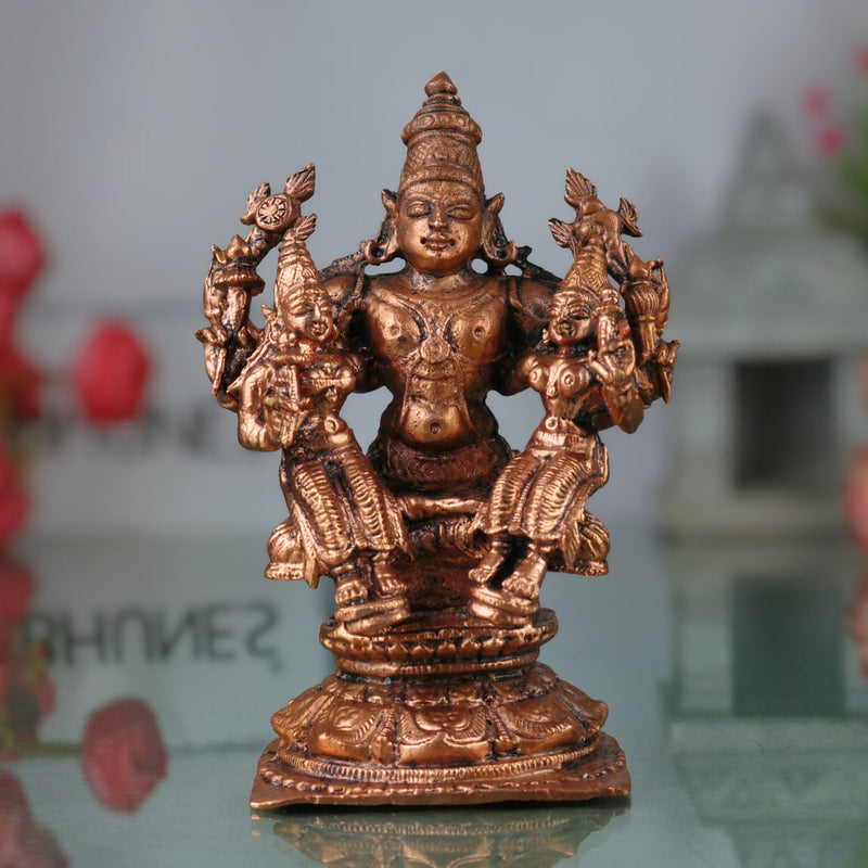 Copper Vishnu With Sridevi Bhudevi Idol, Tamra Murti, Lakshmi Bhumi Statue for Pooja & Home Decor, Brown, 4.5 Inch, 1 Piece