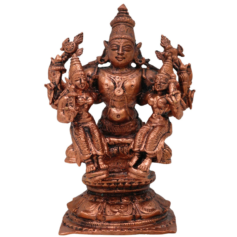 Copper Vishnu With Sridevi Bhudevi Idol, Tamra Murti, Lakshmi Bhumi Statue for Pooja & Home Decor, Brown, 4.5 Inch, 1 Piece