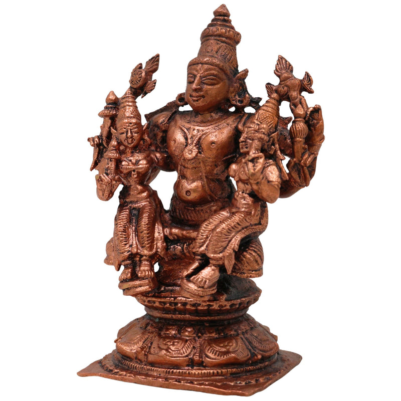 Copper Vishnu With Sridevi Bhudevi Idol, Tamra Murti, Lakshmi Bhumi Statue for Pooja & Home Decor, Brown, 4.5 Inch, 1 Piece