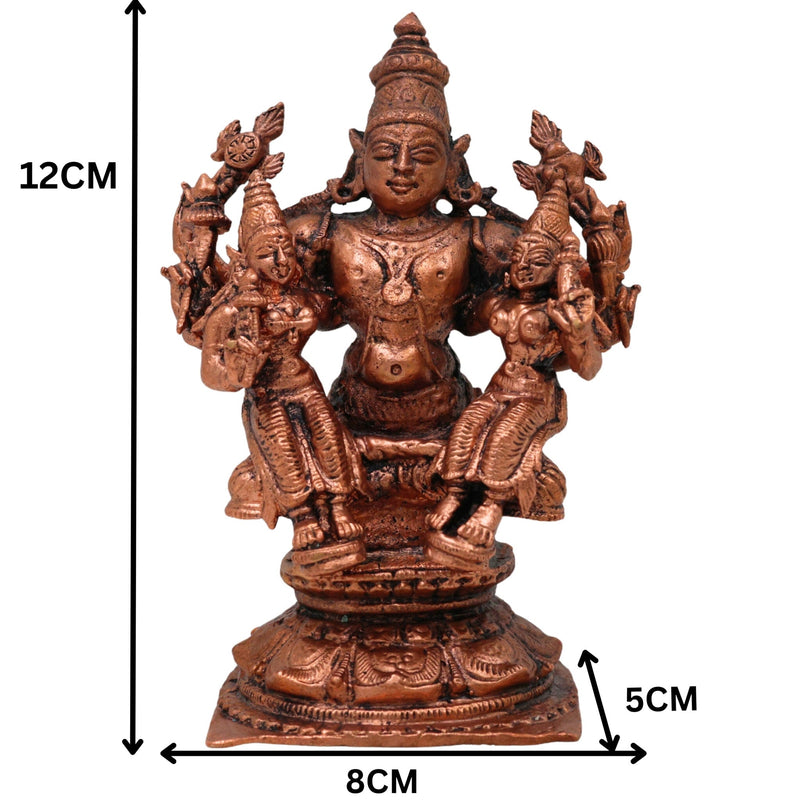 Copper Vishnu With Sridevi Bhudevi Idol, Tamra Murti, Lakshmi Bhumi Statue for Pooja & Home Decor, Brown, 4.5 Inch, 1 Piece
