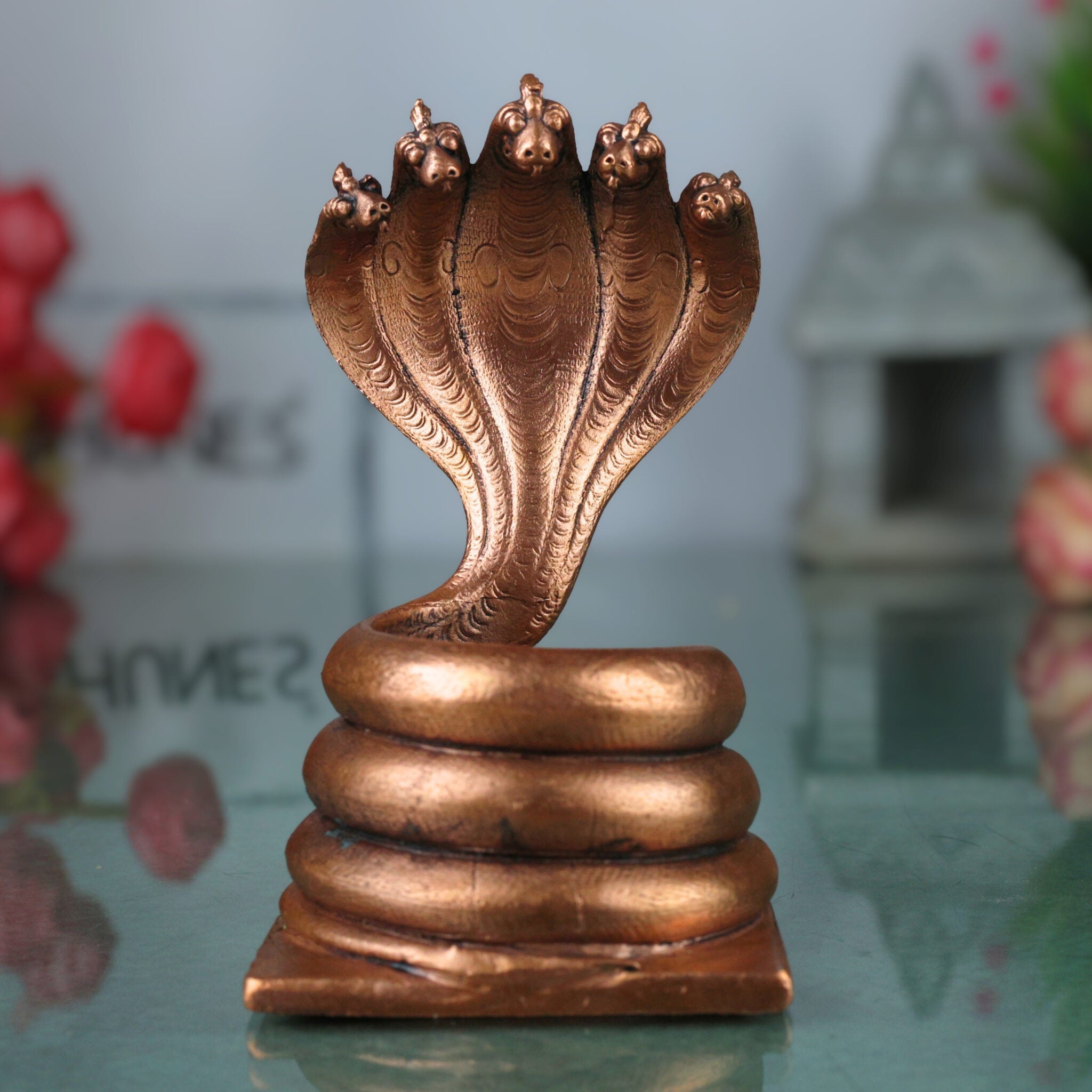 Copper Sheshnag , Tamra Adishesha Murti, Ananta Naga Statue for Pooja & Home Decor, Brown, 4 Inch, 1 Piece