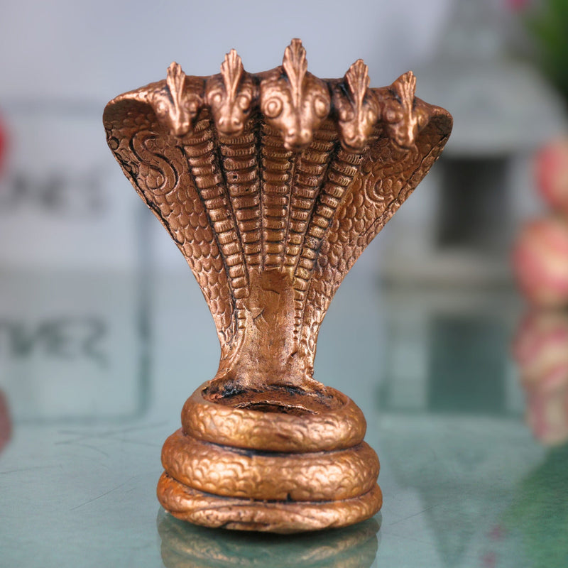 Copper Sheshnag Idol, Adishesha Naga Murti, Ananta Snake Sculpture for Pooja & Home Decor, Brown, 3 Inch, 1 Piece
