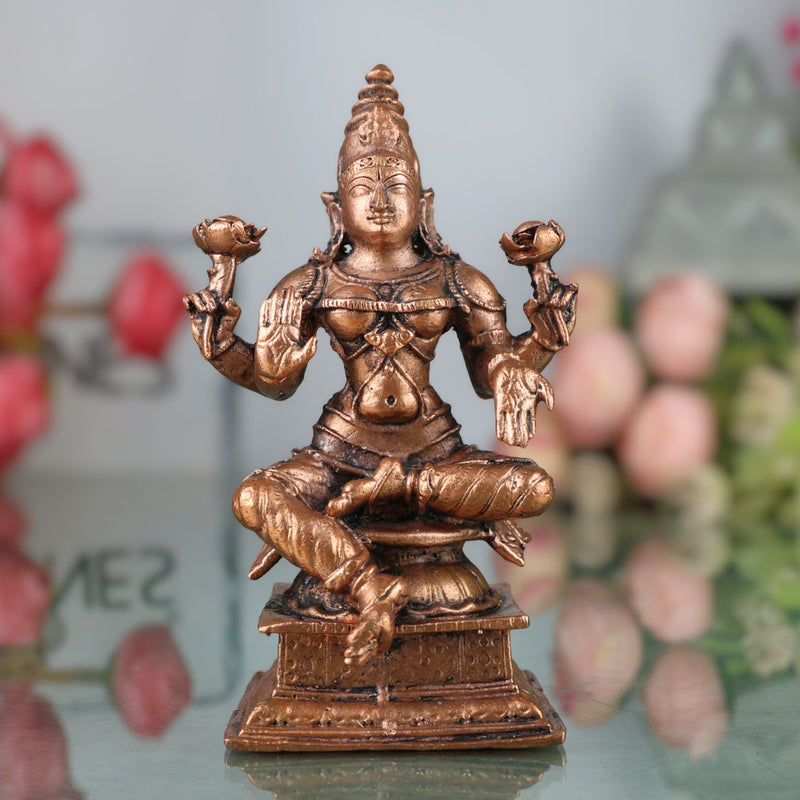 Copper Lakshmi Idol, Mahalakshmi Murti, Tamra Vigraham, Pooja Statue, Home Decor, Brown, 4 Inch, 1 Piece