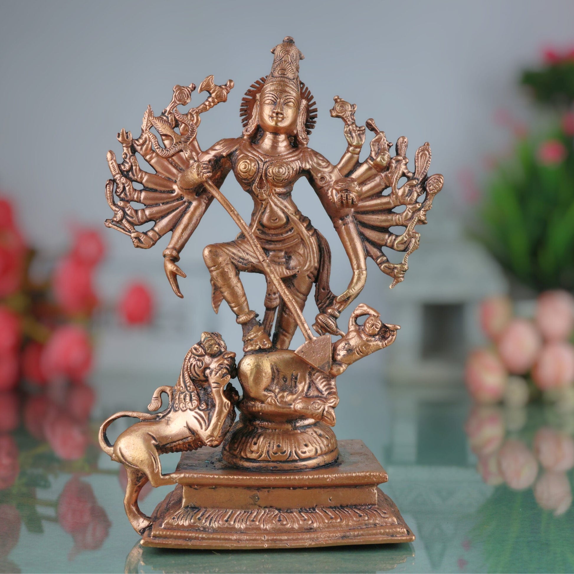 Copper Durga Idol, Tamra Durga Murti, Handcrafted Bhavani, Mahishasuramardini & Shakti Sculpture for Pooja & Home Decor, Brown, 7.5 Inch, 1 Piece