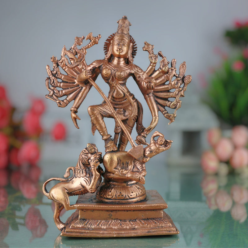 Copper Durga Idol, Tamra Durga Murti, Handcrafted Bhavani, Mahishasuramardini & Shakti Sculpture for Pooja & Home Decor, Brown, 7.5 Inch, 1 Piece