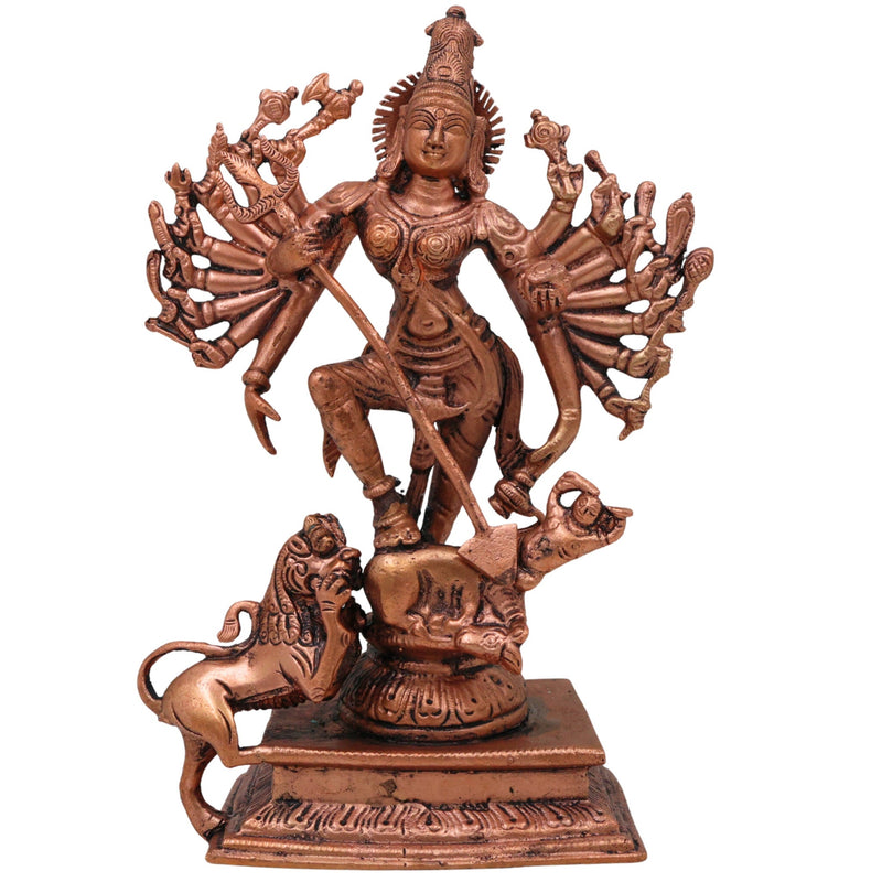 Copper Durga Idol, Tamra Durga Murti, Handcrafted Bhavani, Mahishasuramardini & Shakti Sculpture for Pooja & Home Decor, Brown, 7.5 Inch, 1 Piece