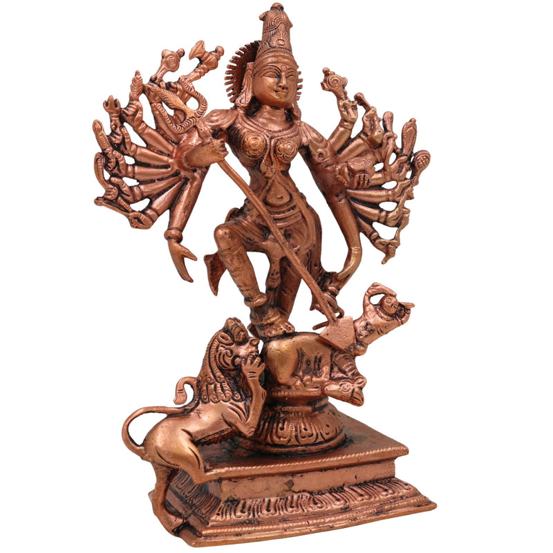 Copper Durga Idol, Tamra Durga Murti, Handcrafted Bhavani, Mahishasuramardini & Shakti Sculpture for Pooja & Home Decor, Brown, 7.5 Inch, 1 Piece