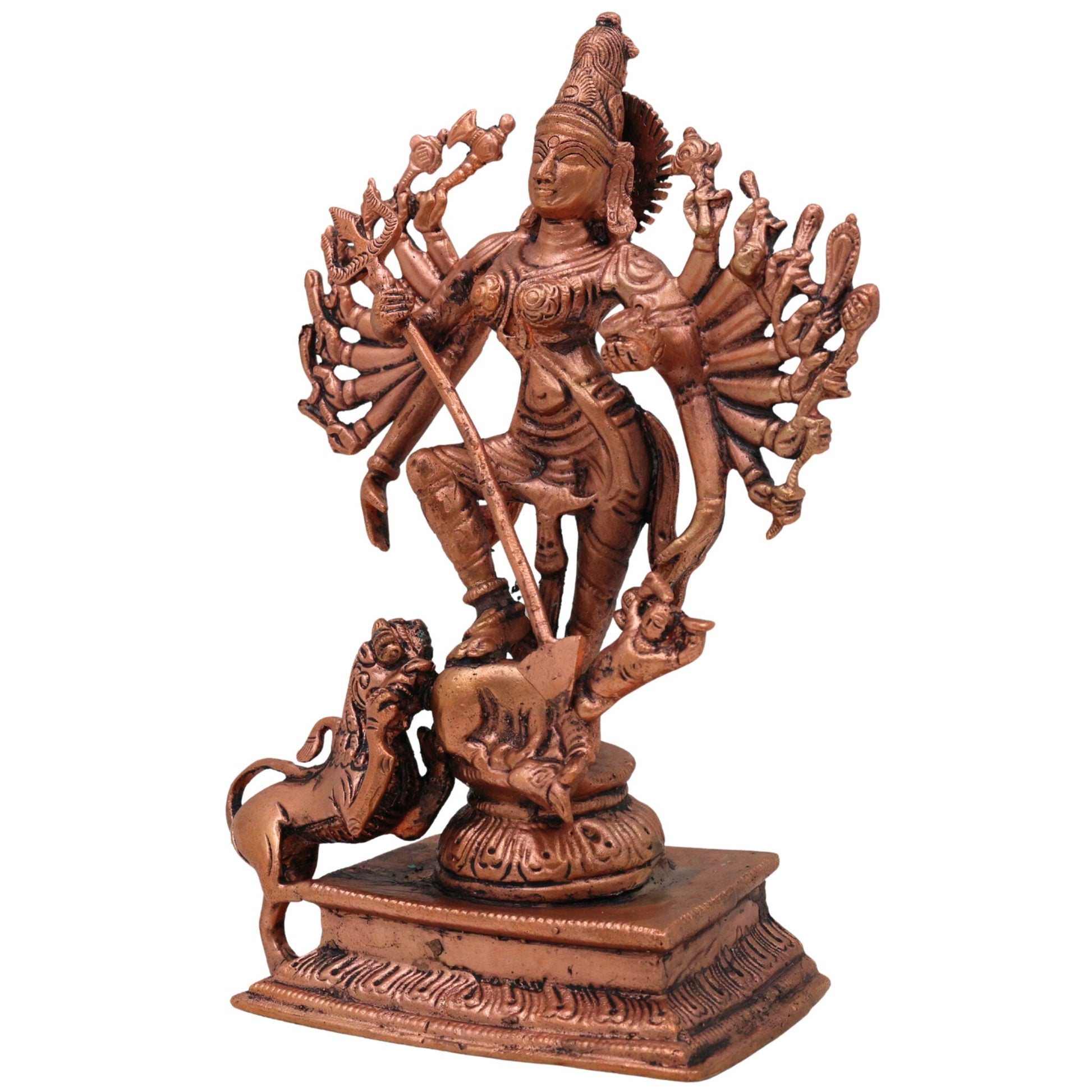 Copper Durga Idol, Tamra Durga Murti, Handcrafted Bhavani, Mahishasuramardini & Shakti Sculpture for Pooja & Home Decor, Brown, 7.5 Inch, 1 Piece