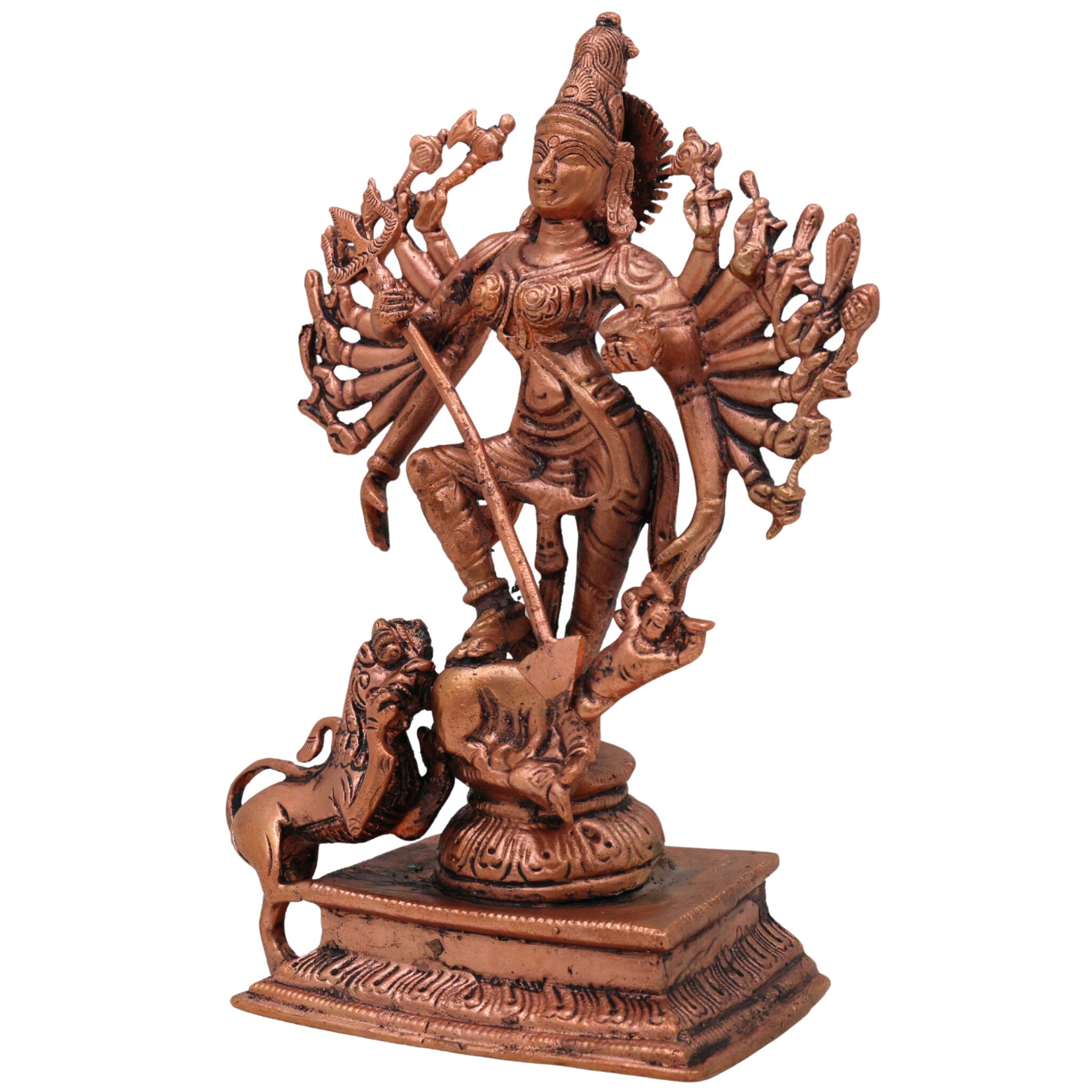 Copper Durga Idol, Tamra Durga Murti, Handcrafted Bhavani, Mahishasuramardini & Shakti Sculpture for Pooja & Home Decor, Brown, 7.5 Inch, 1 Piece