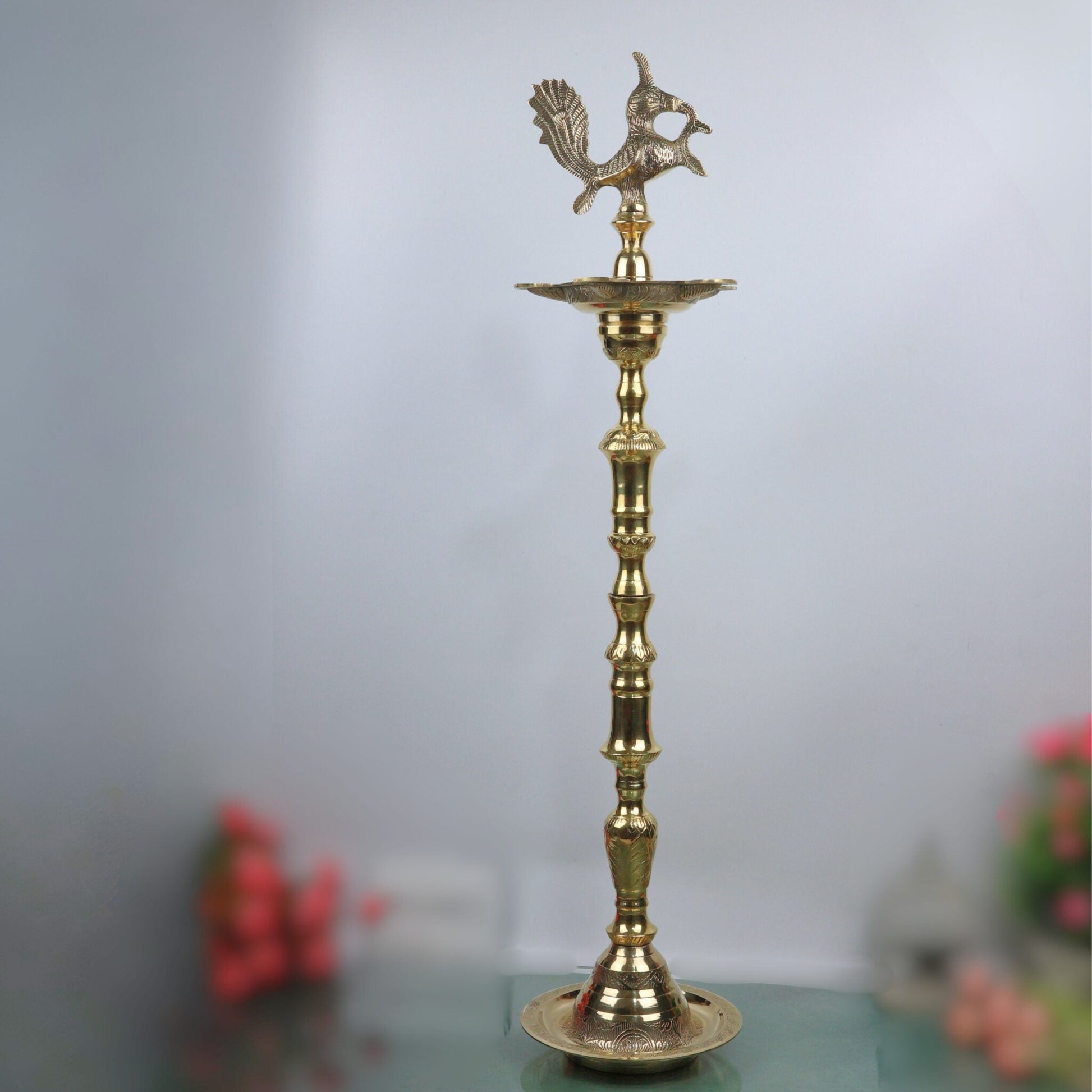 Handcrafted Brass Kuthu Vilakku Deepam Diya, Traditional Pital Deepak Nilavilakku Temple Oil Lamp, Antique Brass Pooja Vilakku Deep for Home Decor & Festivals, Gold, 36 Inch, 1 Piece