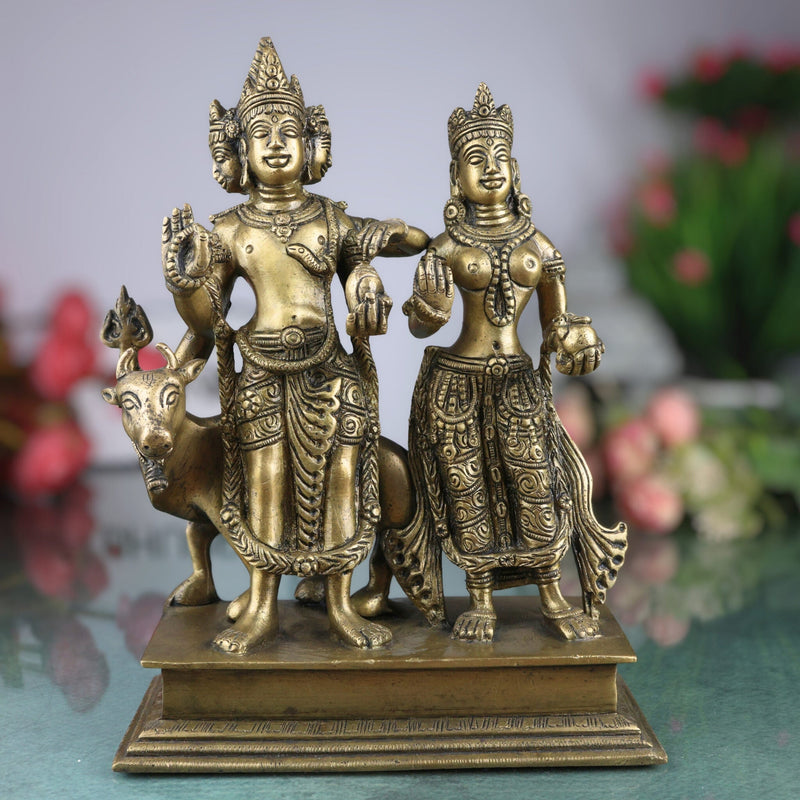 Brass Shiva And Parwati Idol | Shiv Parvati Brass Statue | Brass Shiva Parvati | Brass Shiv Parivar | Shivshankar Parvati | Murti | Idol |Statue, Gold, 9.5 Inch, 1 Piece