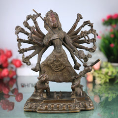 Brass Durga Idol, Antique Durga Murti, Handcrafted Shakti, Mahadevi, Jagadamba Statue for Home Temple & Pooja Decor, Brown, 10 Inch, 1 Piece