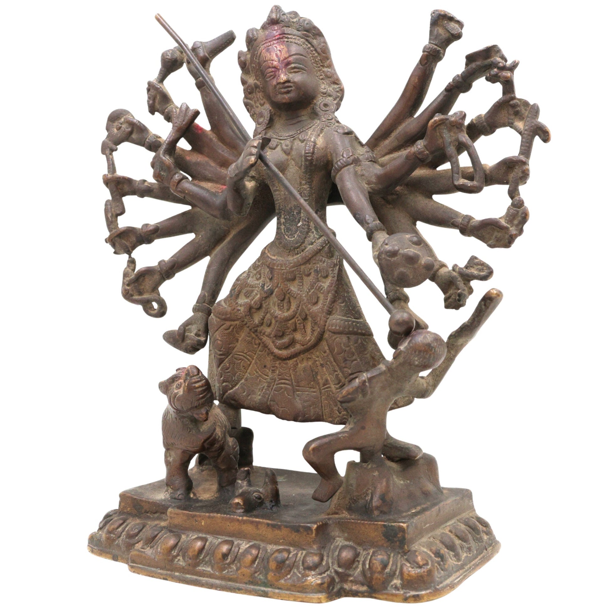 Brass Durga Idol, Antique Durga Murti, Handcrafted Shakti, Mahadevi, Jagadamba Statue for Home Temple & Pooja Decor, Brown, 10 Inch, 1 Piece