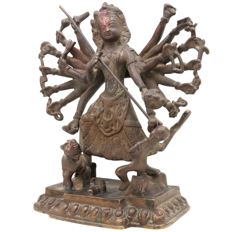 Brass Durga Idol, Antique Durga Murti, Handcrafted Shakti, Mahadevi, Jagadamba Statue for Home Temple & Pooja Decor, Brown, 10 Inch, 1 Piece