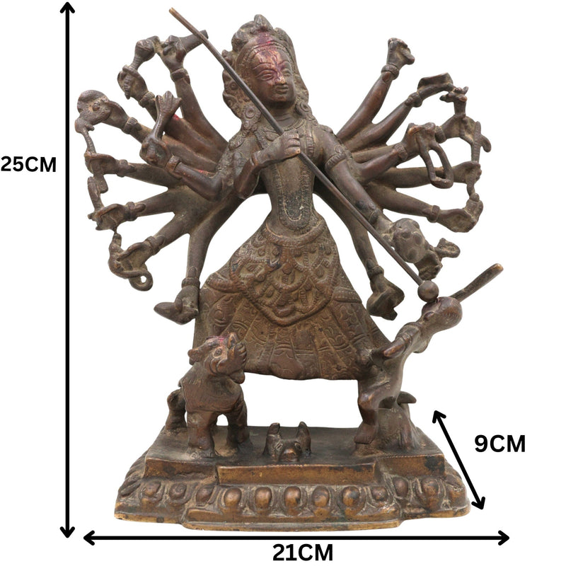 Brass Durga Idol, Antique Durga Murti, Handcrafted Shakti, Mahadevi, Jagadamba Statue for Home Temple & Pooja Decor, Brown, 10 Inch, 1 Piece
