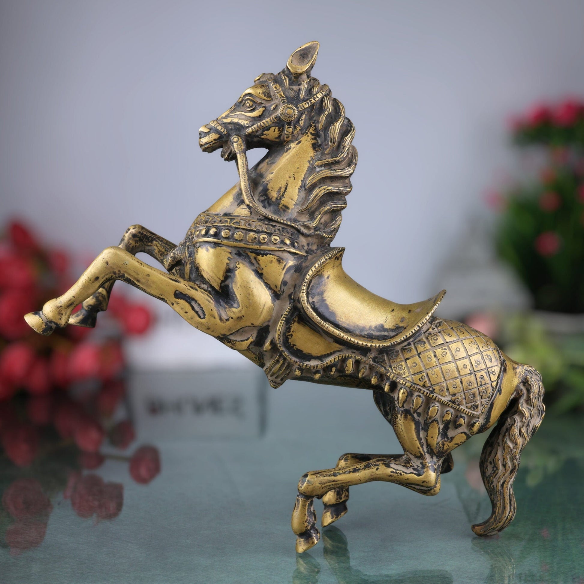 Premium Brass Ghoda Idol, Antique Peetal Ashva Statue, Handcrafted Pital Turang / Kudhirai / Kudure Horse Showpiece, Brown, 9 Inch, 1 Piece