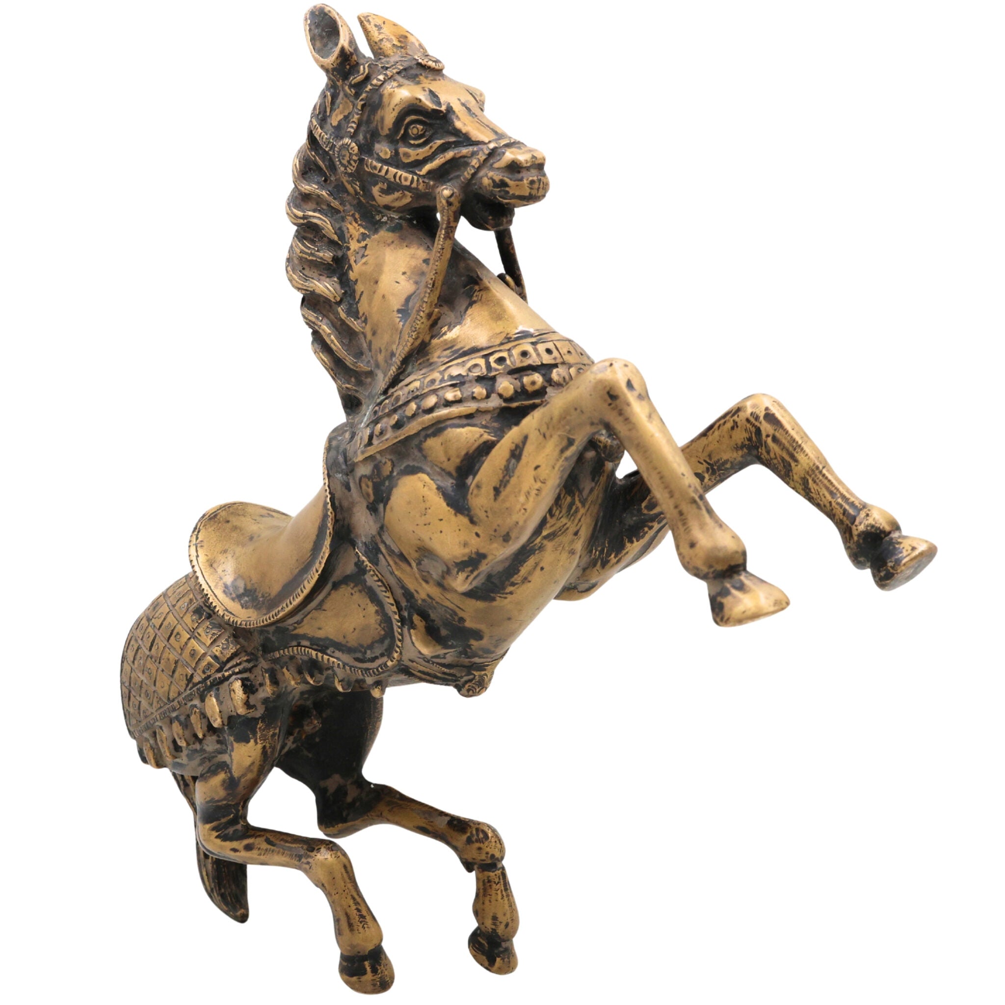 Premium Brass Ghoda Idol, Antique Peetal Ashva Statue, Handcrafted Pital Turang / Kudhirai / Kudure Horse Showpiece, Brown, 9 Inch, 1 Piece