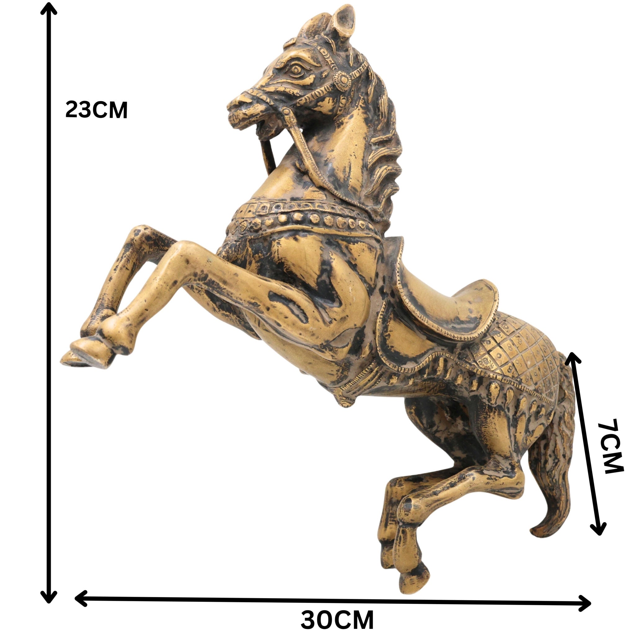 Premium Brass Ghoda Idol, Antique Peetal Ashva Statue, Handcrafted Pital Turang / Kudhirai / Kudure Horse Showpiece, Brown, 9 Inch, 1 Piece