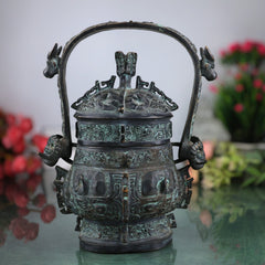 Brass Chinese Style Water Pot, Peetal Pital Pittal Oriental Lidded Vessel, Chinese Feng Shui Lota Kalash, Handcrafted Hittale Tambra Temple Pot, Brown, 10 Inch, 1 Piece