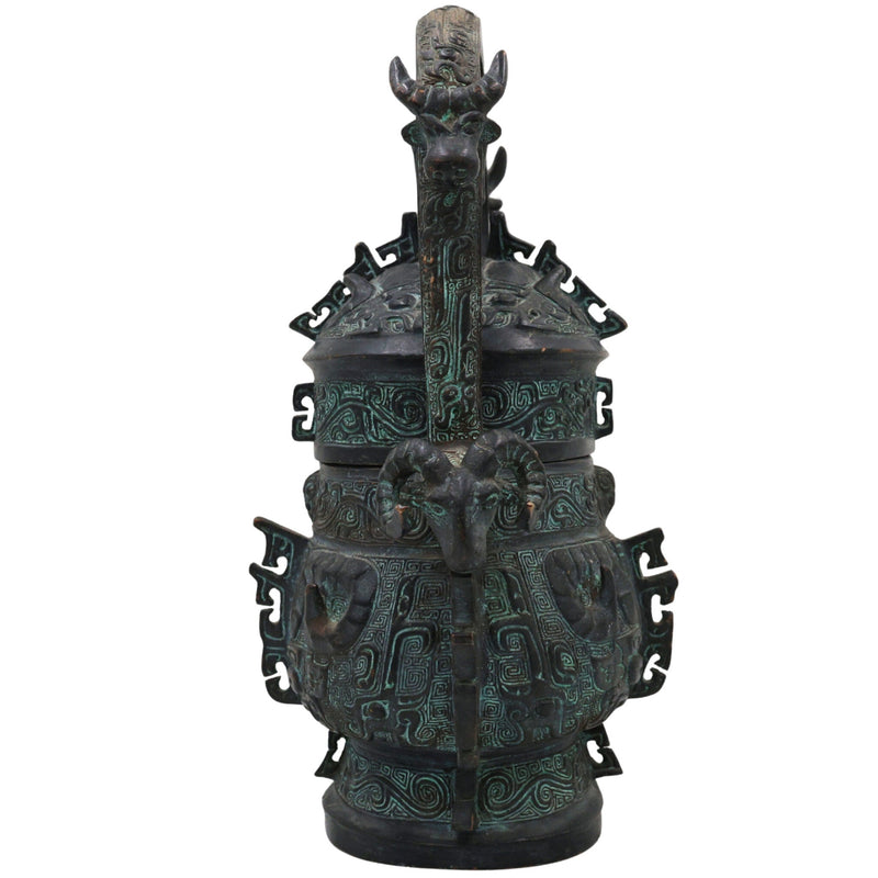 Brass Chinese Style Water Pot, Peetal Pital Pittal Oriental Lidded Vessel, Chinese Feng Shui Lota Kalash, Handcrafted Hittale Tambra Temple Pot, Brown, 10 Inch, 1 Piece
