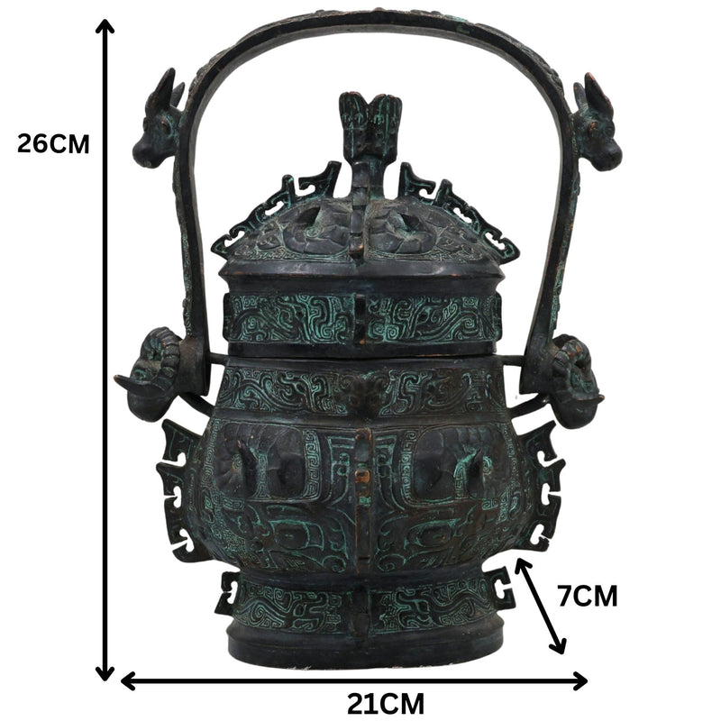 Brass Chinese Style Water Pot, Peetal Pital Pittal Oriental Lidded Vessel, Chinese Feng Shui Lota Kalash, Handcrafted Hittale Tambra Temple Pot, Brown, 10 Inch, 1 Piece