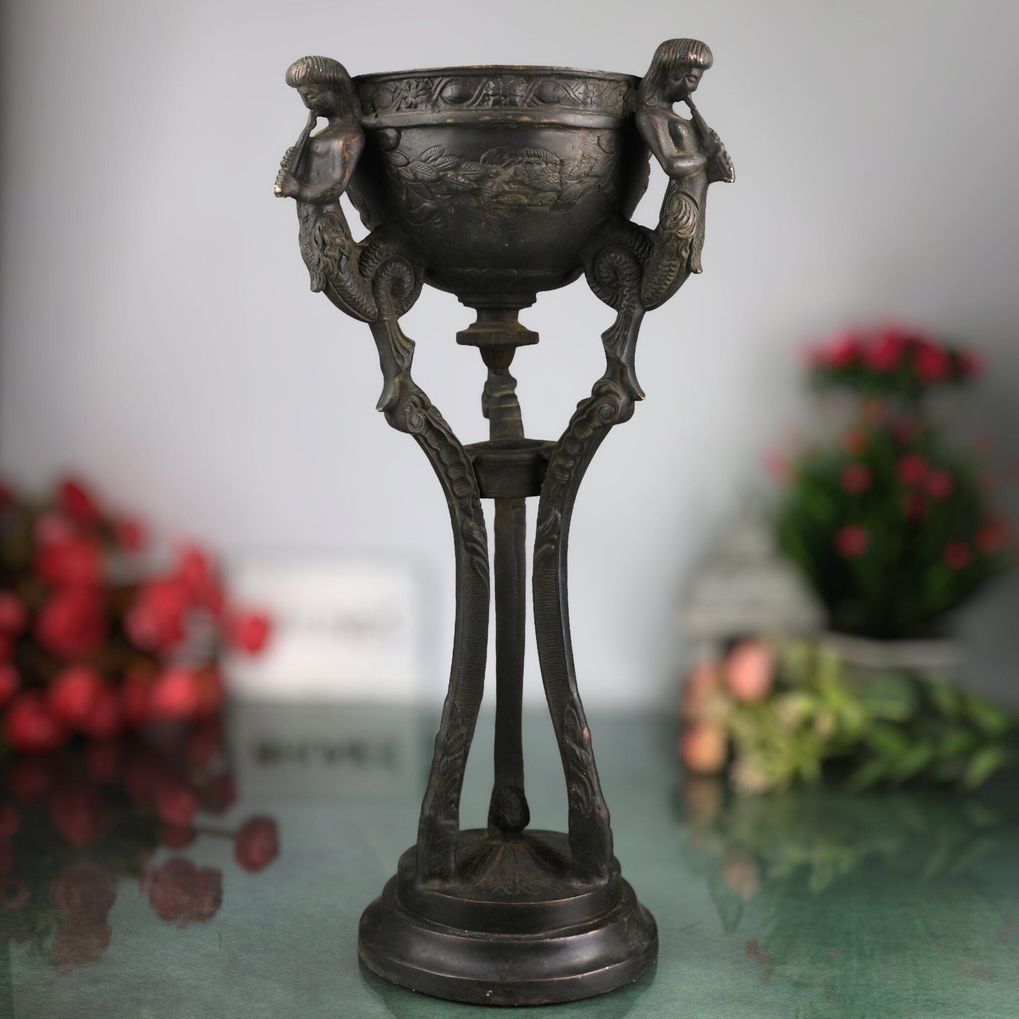 Antique Brass Nouveau Planter / Peetal Pittal Planter, Designer Brass Indoor & Pooja Decor, Brown, 15.5 Inch, 1 Piece