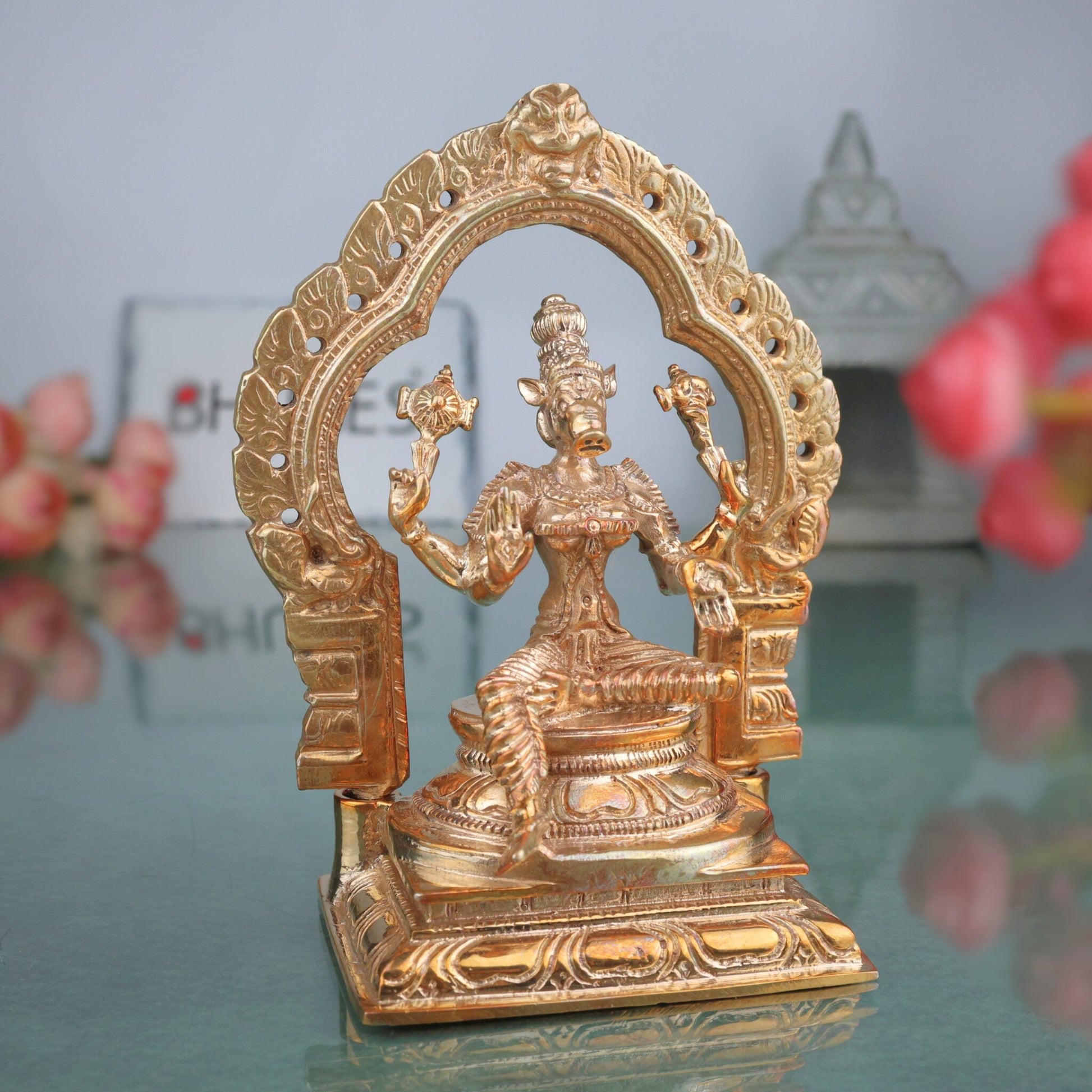Bronze Varahi Devi Idol, Panchami Varahi Amman, Dandanayaki Varahi, Handcrafted Chola Art Panchaloha Statue for Pooja & Home Temple, Gold, 5 Inch, 1 Piece