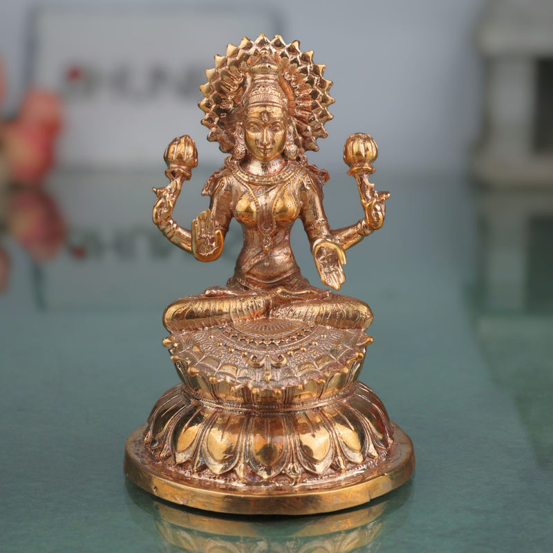 Handcrafted Bronze Mahalakshmi Idol, Kansa Lakshmi Murti, Shri Devi Thirumagal Narayani Panchaloha Style Chola Art Lakshmi Statue for Home Temple & Gifting, Gold, 3 Inch, 1 Piece