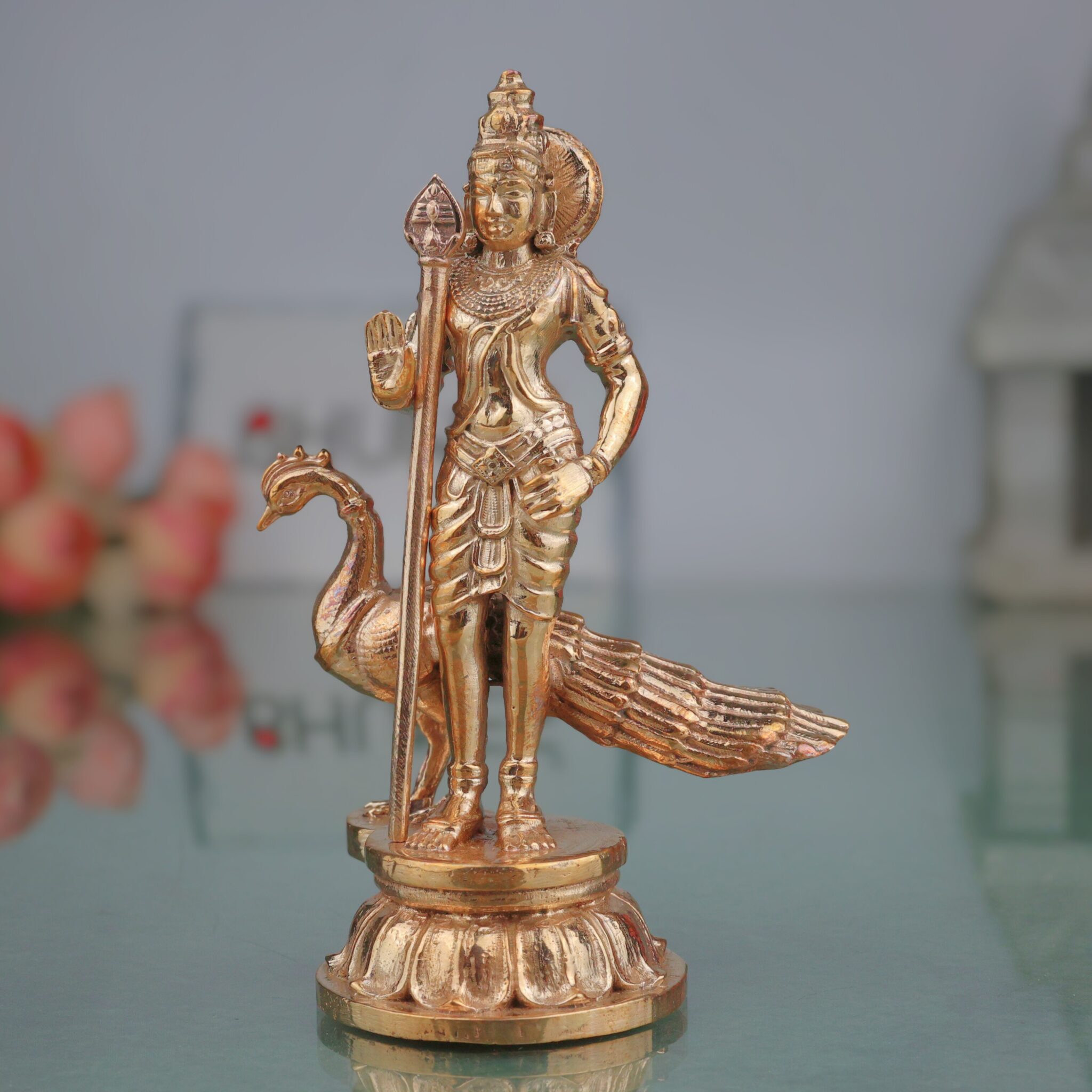 Handcrafted Bronze Murugan Idol, Skanda Subramanya Kartikeya Statue, Traditional Chola Art Velan Senthil Sculpture for Home Temple, Gold, 4 Inch, 1 Piece