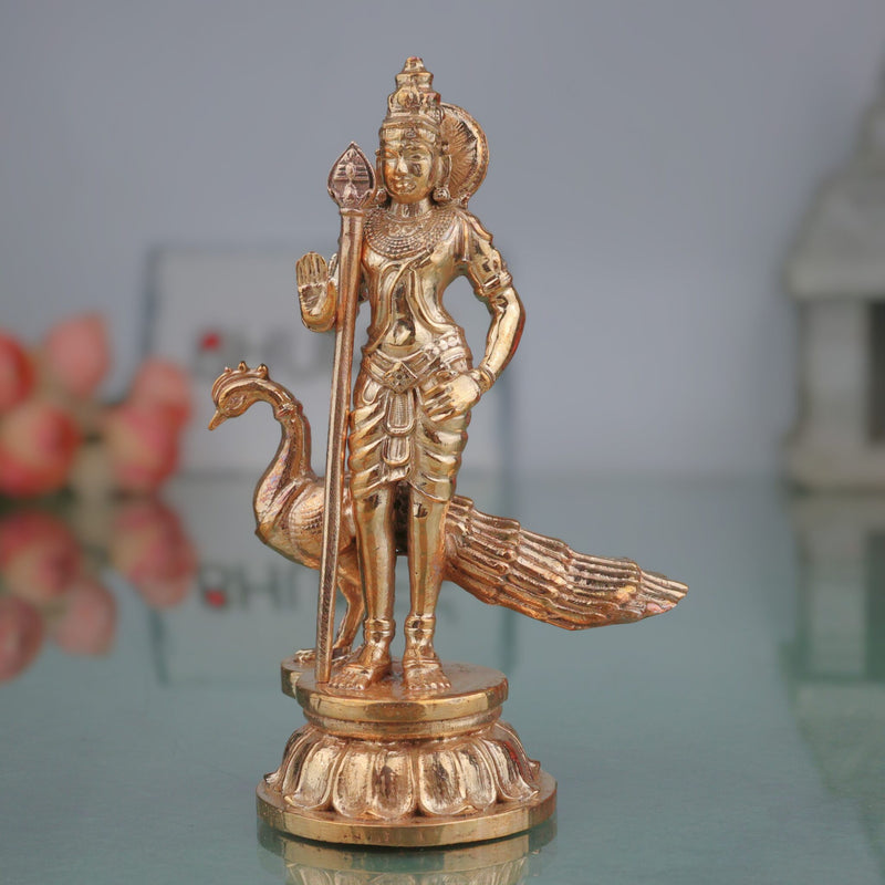 Handcrafted Bronze Murugan Idol, Skanda Subramanya Kartikeya Statue, Traditional Chola Art Velan Senthil Sculpture for Home Temple, Gold, 4 Inch, 1 Piece