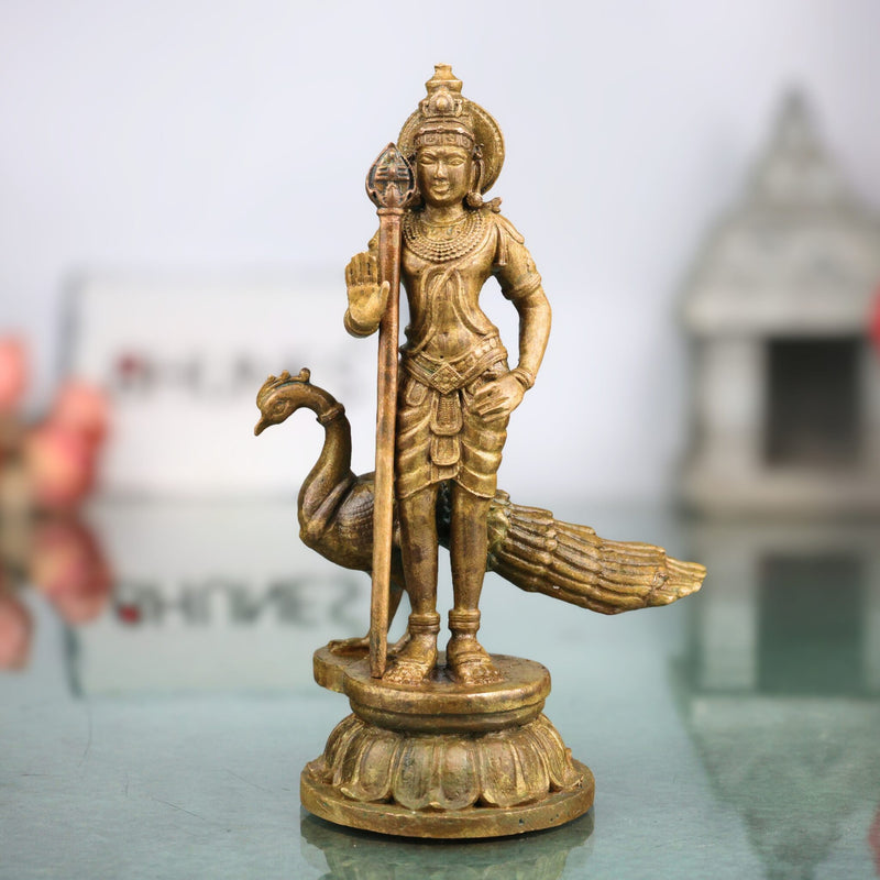 Handcrafted Bronze Murugan Idol, Skanda Subramanya Kartikeya Statue, Traditional Chola Art Velmurugan Panchaloha-Style Vigraham for Home Temple, Brown, 4 Inch, 1 Piece