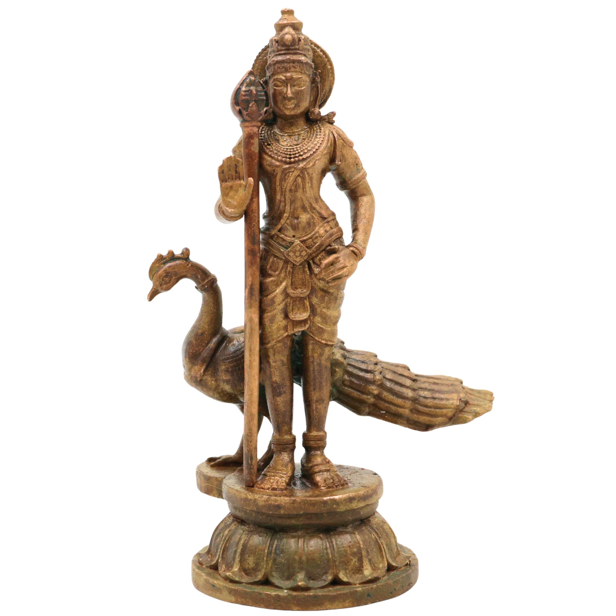 Handcrafted Bronze Murugan Idol, Skanda Subramanya Kartikeya Statue, Traditional Chola Art Velmurugan Panchaloha-Style Vigraham for Home Temple, Brown, 4 Inch, 1 Piece