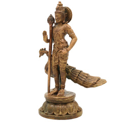 Handcrafted Bronze Murugan Idol, Skanda Subramanya Kartikeya Statue, Traditional Chola Art Velmurugan Panchaloha-Style Vigraham for Home Temple, Brown, 4 Inch, 1 Piece